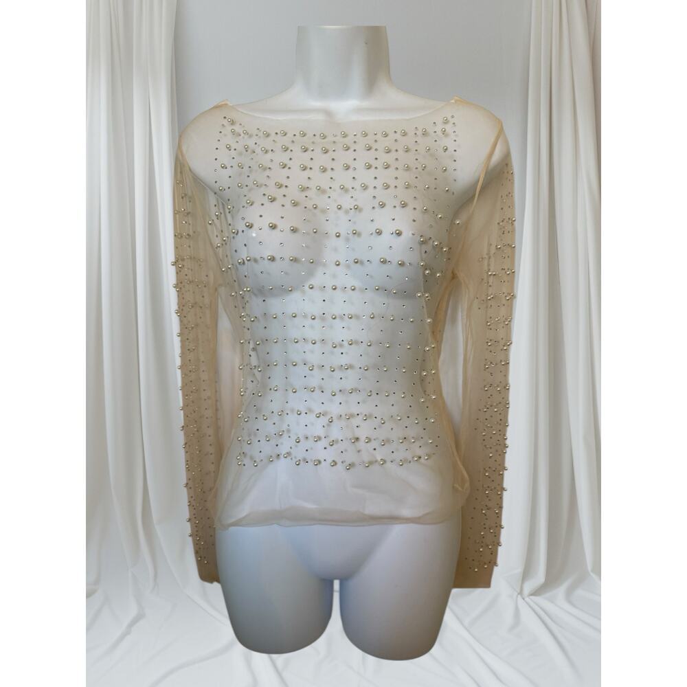Sheer Pearl Beaded Mesh Top Nude Champagne Long Sleeve Evening Blouse S-M